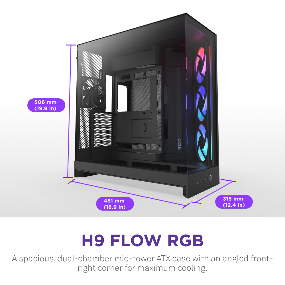 NZXT H9 Flow RGB (2025) Dual-Chamber Mid Tower Case With RGB Fans - All Black