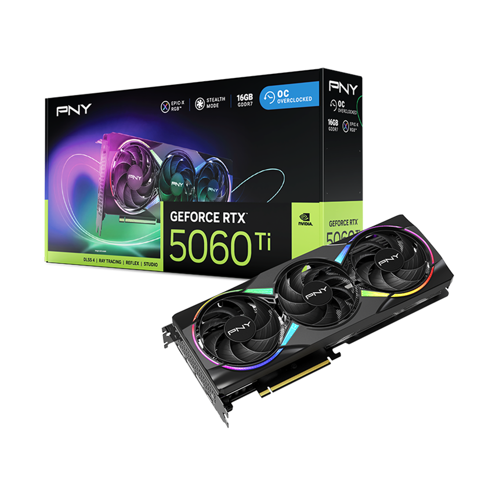 PNY Nvidia GeForce RTX 5060Ti 16GB ARGB Overclocked Triple Fan Graphics Card - Black