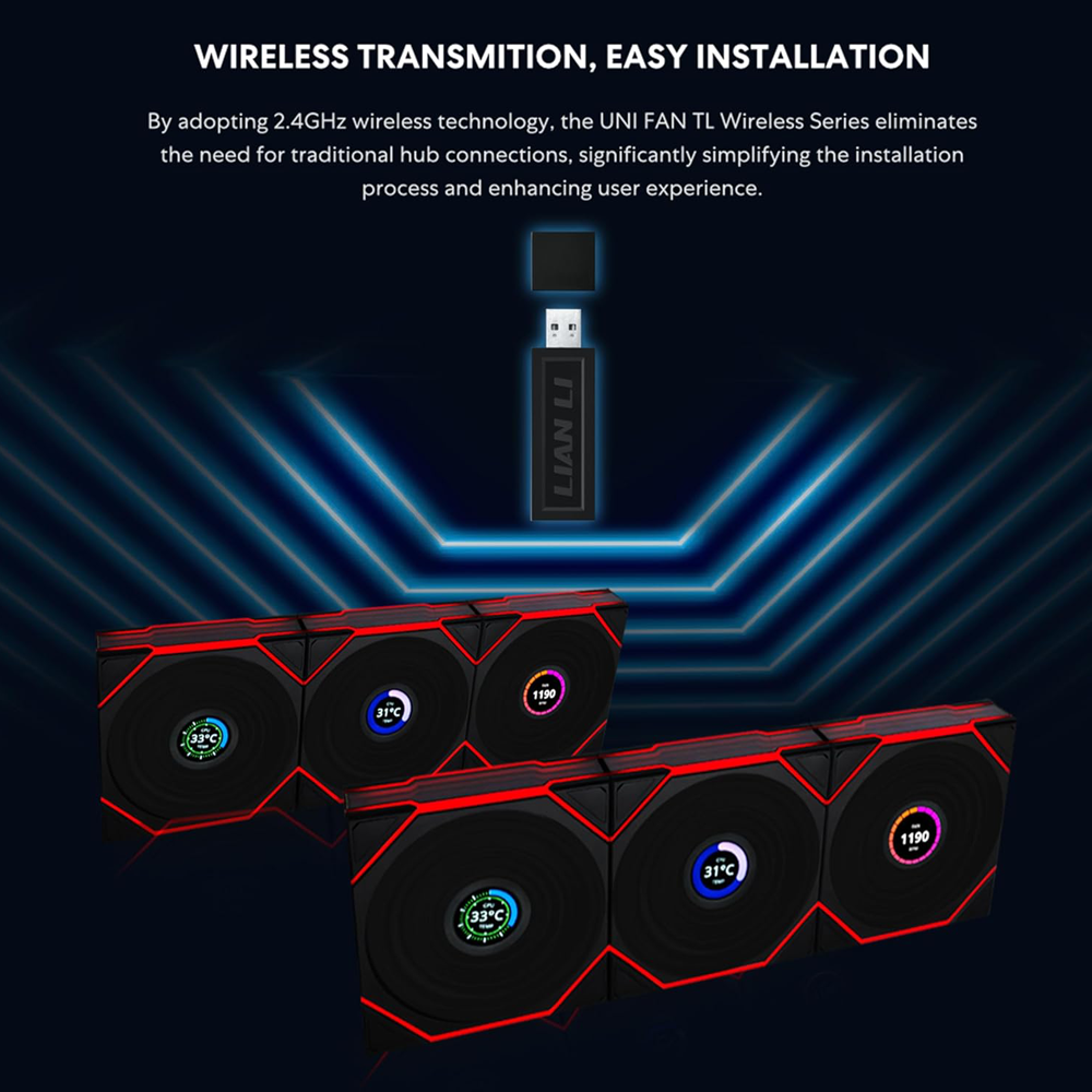 LIAN LI UNI FAN TL Wireless LCD Reverse Blade 120mm 3 Pack ARGB Case Fans With 1.6 Inch LCD Screen - Black