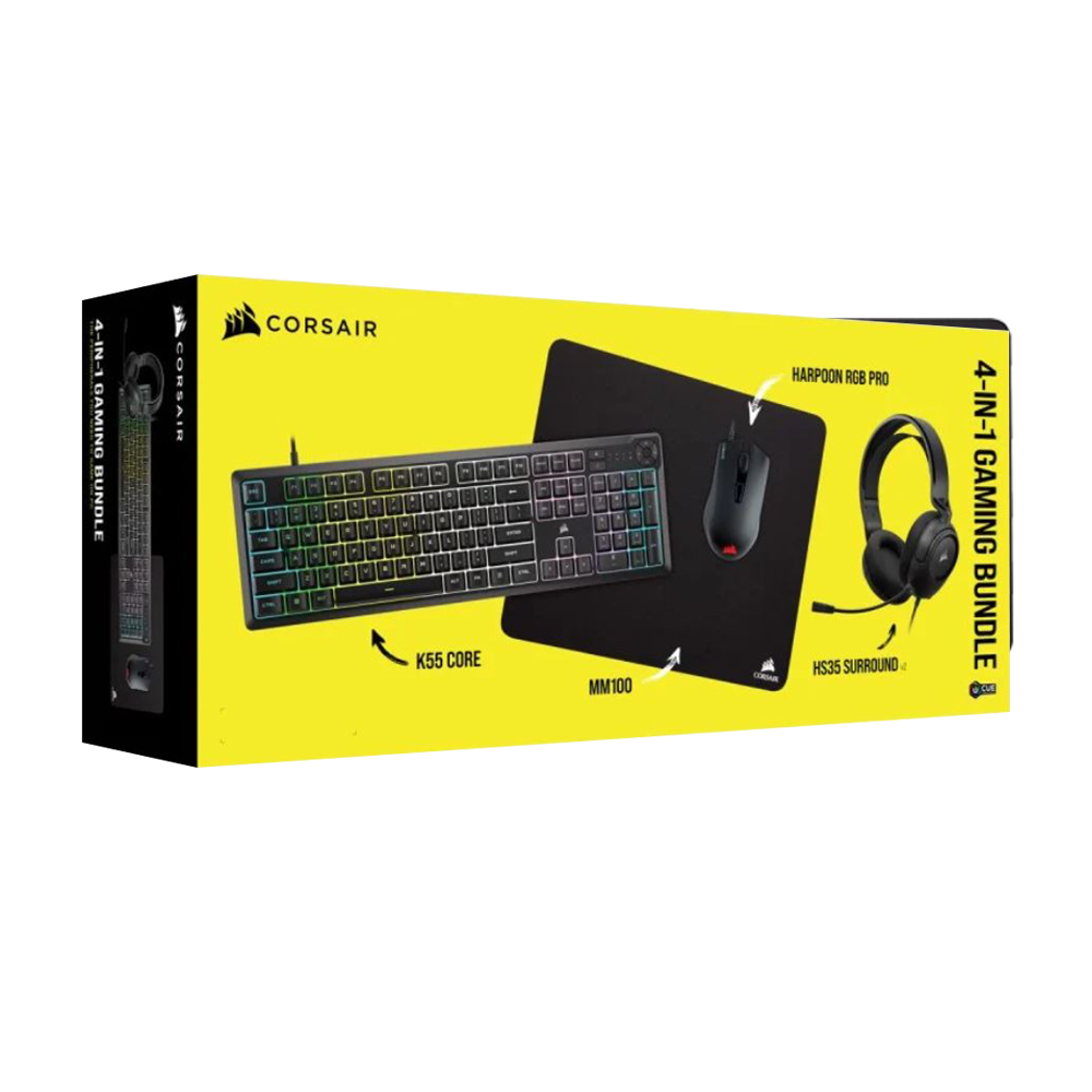 CORSAIR K55 CORE RGB Keyboard + HARPOON RGB Pro Mouse + MM100 Mouse Pad + HS35 V2 Headset Bundle