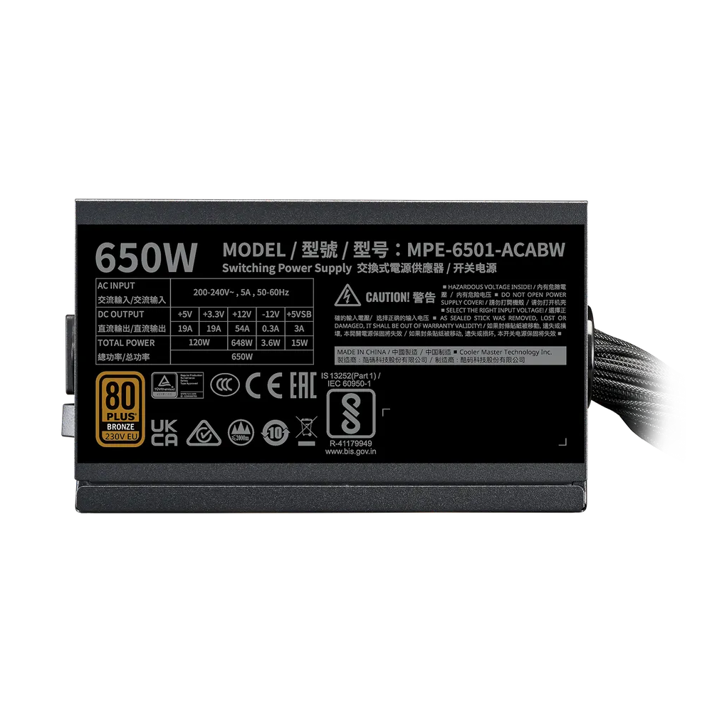 Cooler Master MWE 650W V3 230V ATX 3.1 80 Plus Bronze Power Supply - Black
