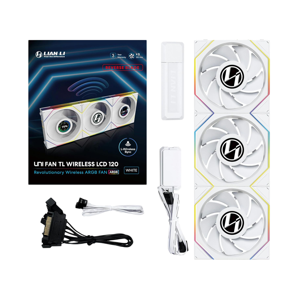 Lian Li UNI FAN TL Wireless LCD Reverse Blade 120mm ARGB Case Fans 1.6” LCD (3 Pack) - White