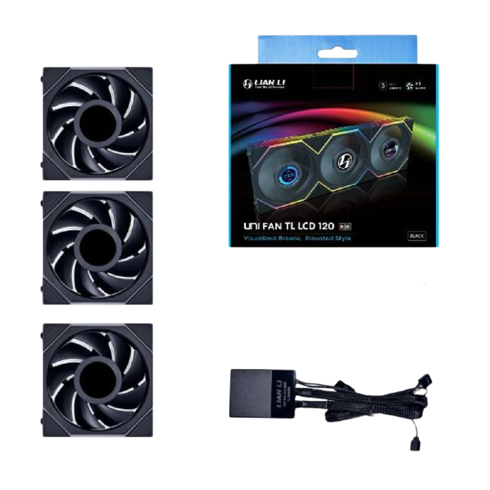 LIAN LI UNI FAN TL LCD 120mm ARGB Cooling Fan with 1.6" LCD Screen (Pack of 3) - Black