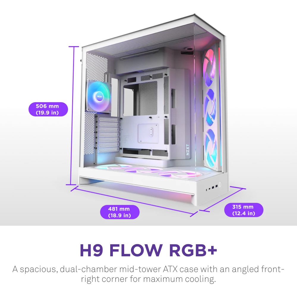 NZXT H9 Flow RGB+ (2025) Dual-Chamber Mid Tower Case With RGB Fans & Control Hub - All White