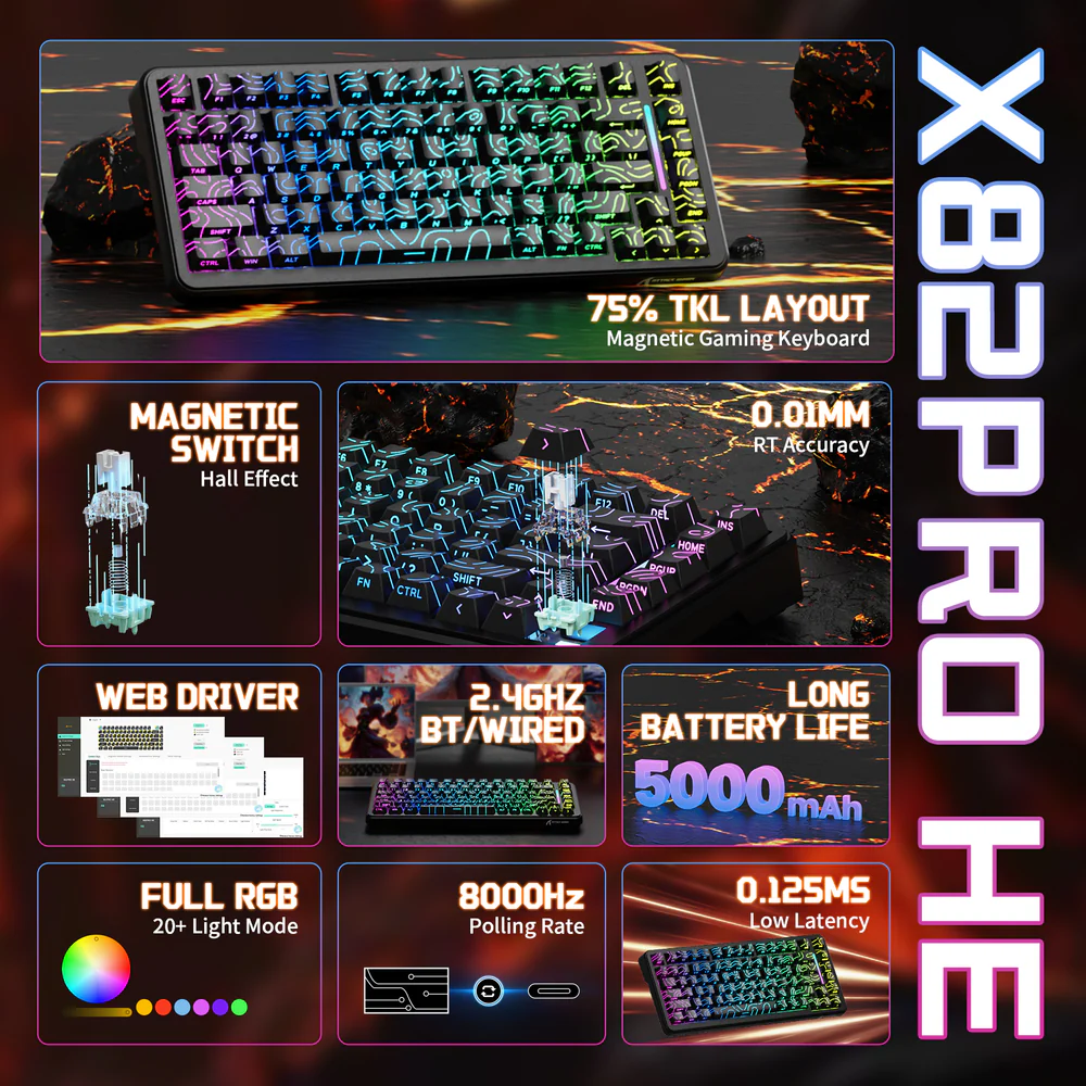 ATTACK SHARK X82PRO HE Magnetic Switch Wireless Gaming Keyboard - Black