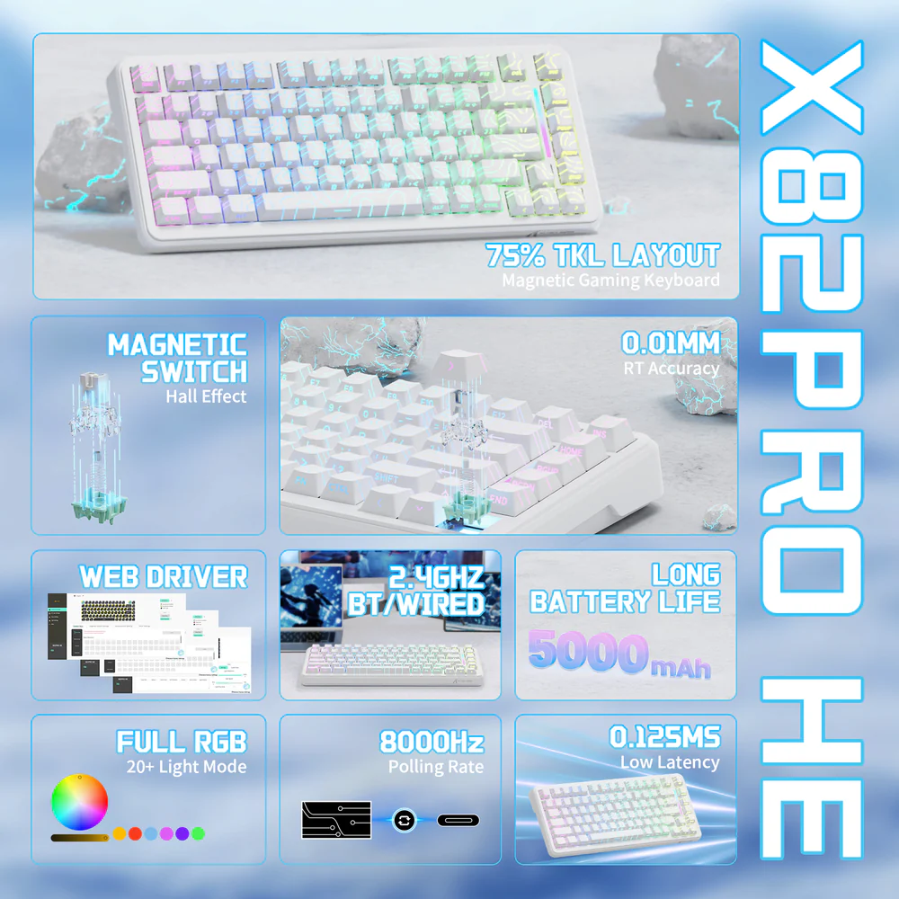 ATTACK SHARK X82PRO HE Magnetic Switch Wireless Gaming Keyboard - White