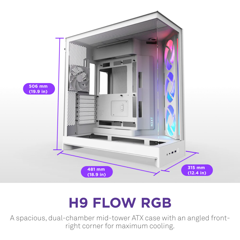 NZXT H9 Flow RGB (2025) Dual-Chamber Mid Tower Case With RGB Fans - All White