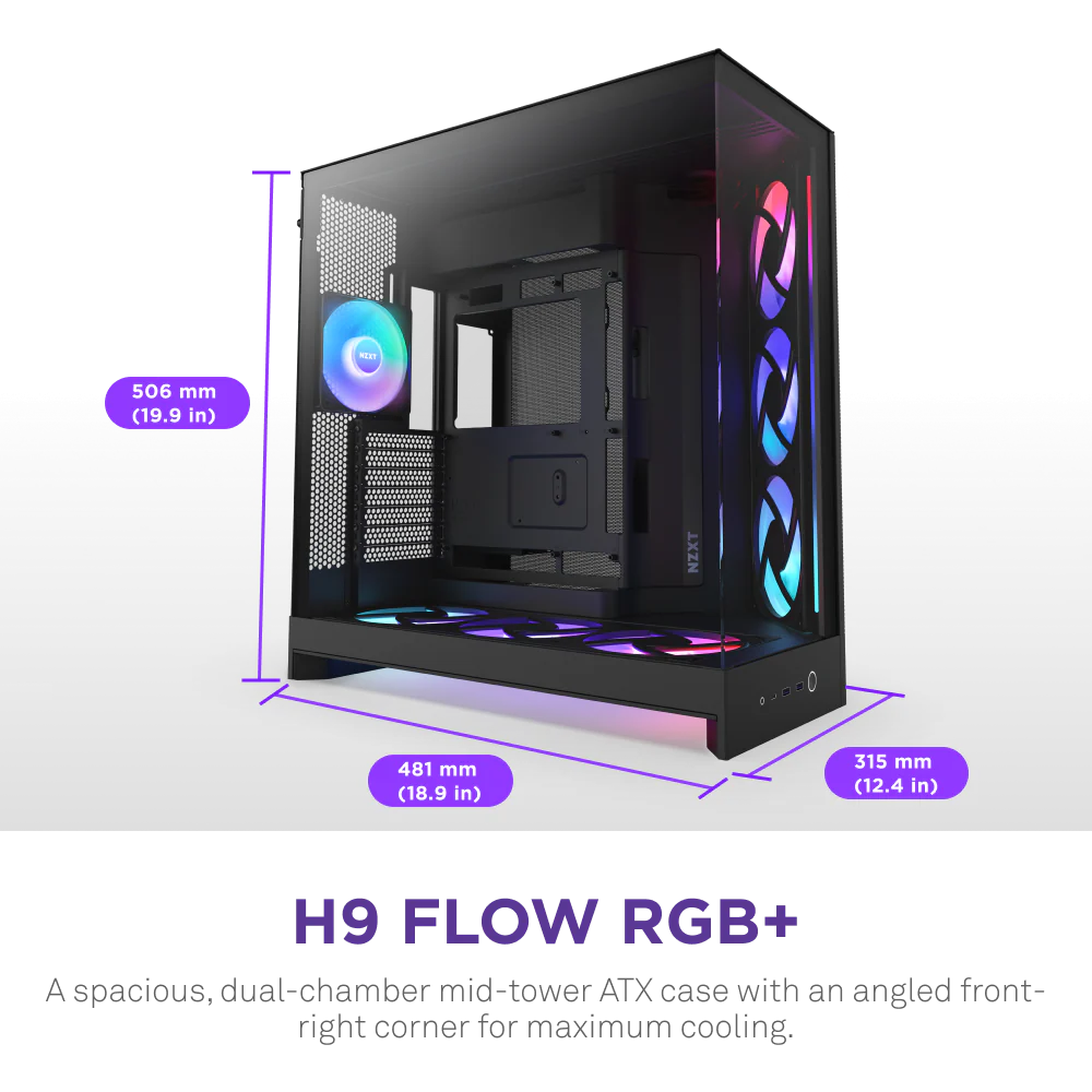 NZXT H9 Flow RGB+ (2025) Dual-Chamber Mid Tower Case With RGB Fans & Control Hub - All Black