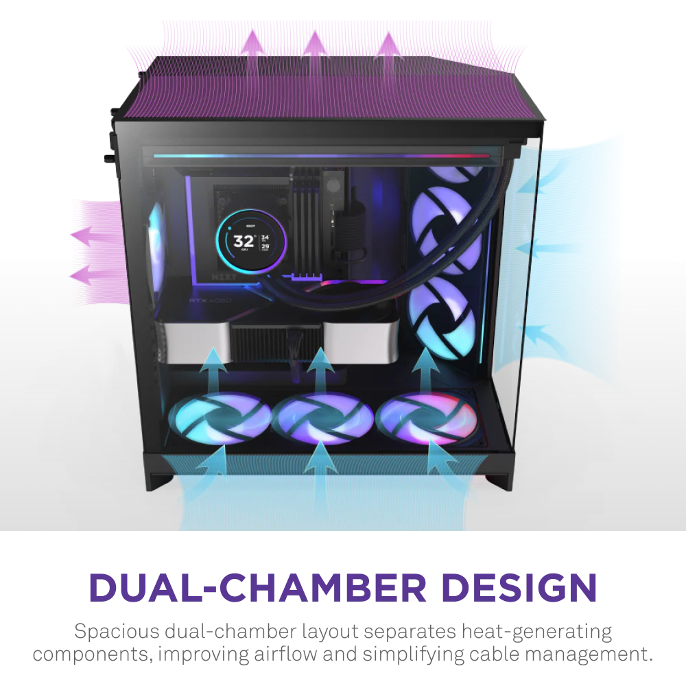 NZXT H9 Flow RGB+ (2025) Dual-Chamber Mid Tower Case With RGB Fans & Control Hub - All Black