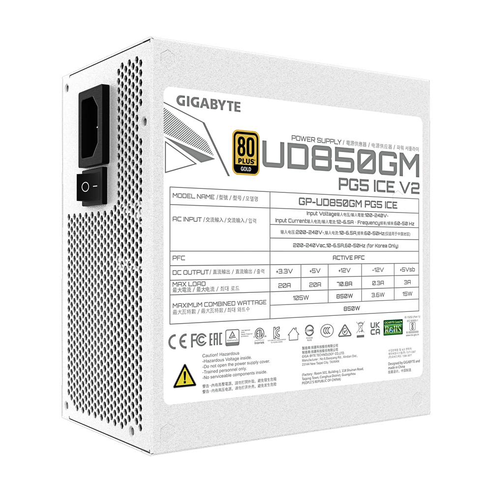 GIGABYTE UD850GM 850W PG5 V2 Fully modular PCIe 5.1 ATX 3.1 ICE 80 Plus Gold Power Supply Unit - White