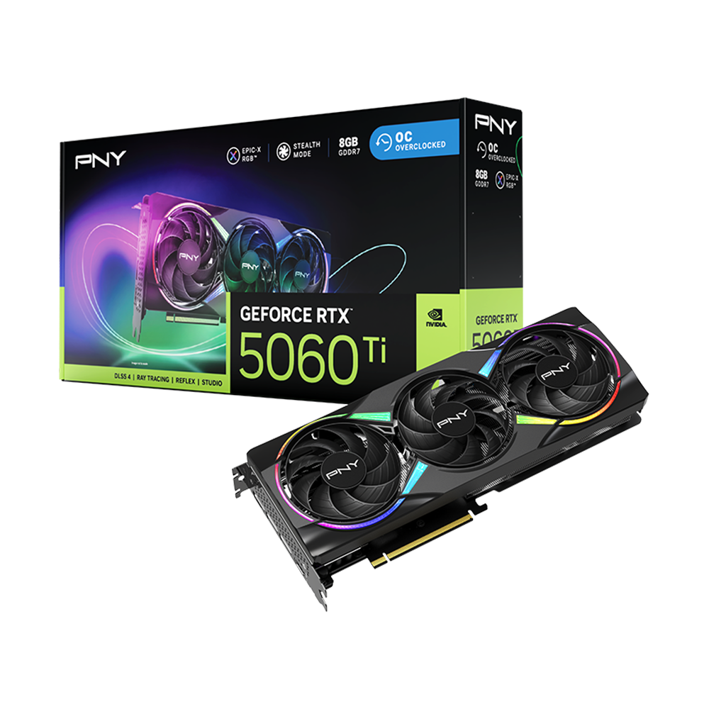 PNY Nvidia GeForce RTX 5060Ti 8GB ARGB Overclocked Triple Fan Graphics Card - Black