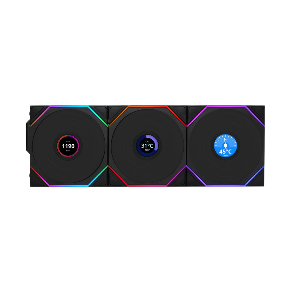 LIAN LI UNI FAN TL Wireless LCD Reverse Blade 120mm 3 Pack ARGB Case Fans With 1.6 Inch LCD Screen - Black