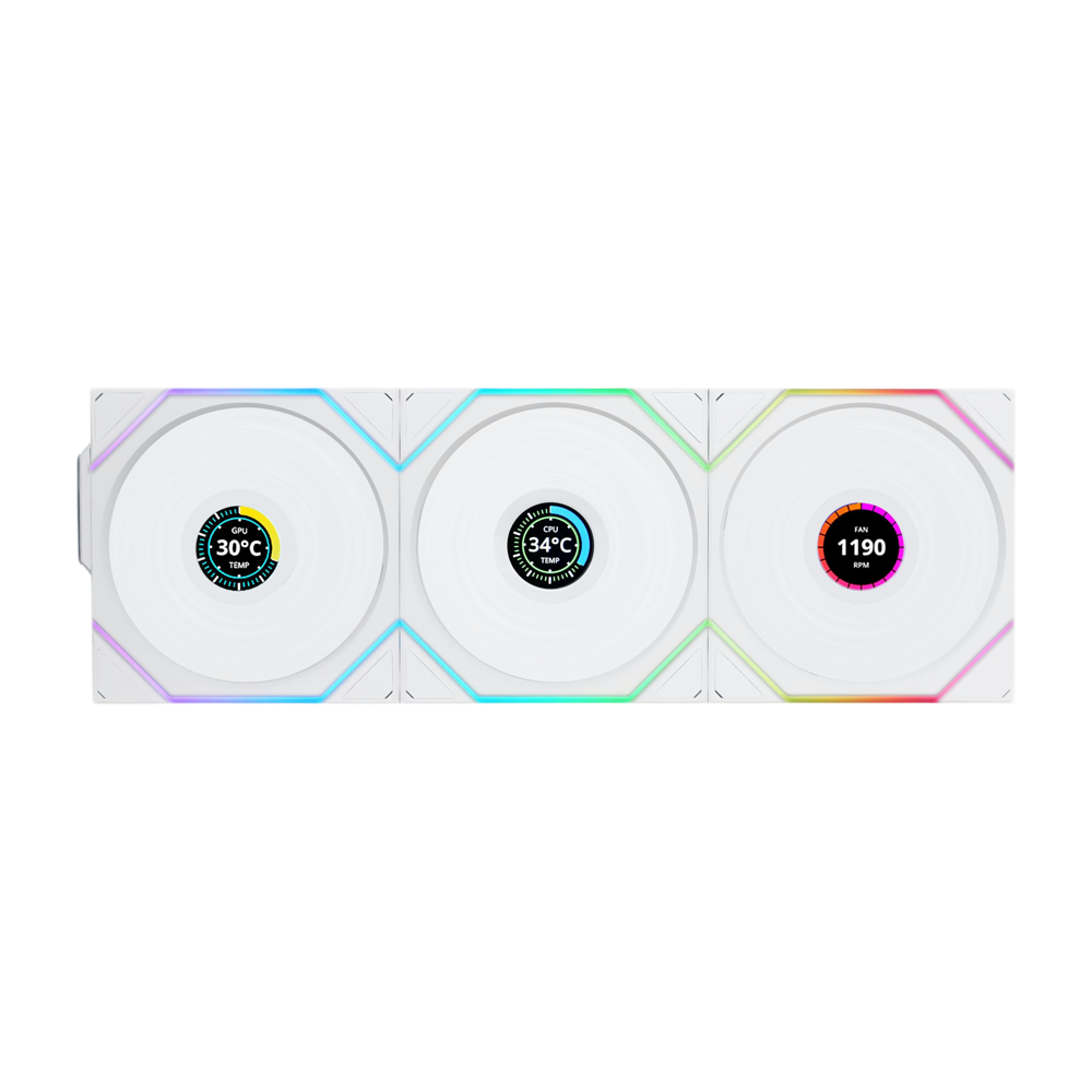 LIAN LI UNI FAN TL Wireless LCD Reverse Blade 120mm 3 Pack ARGB Case Fans With 1.6 Inch LCD Screen - White