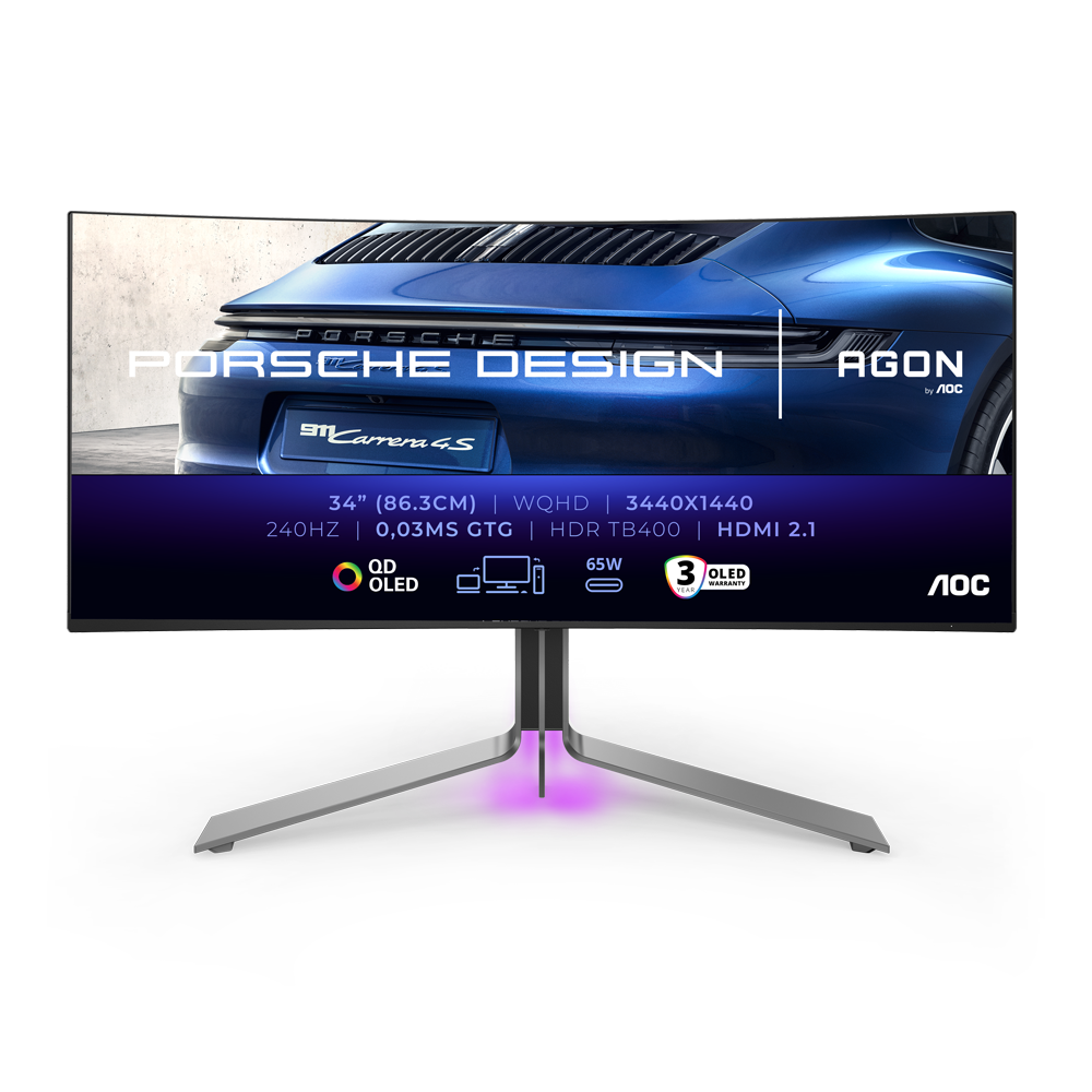 AOC PD34 Porsche Design 34 Inch 240Hz WQHD HDMI 2.1 0.03ms QD OLED Curved Gaming Monitor - Black