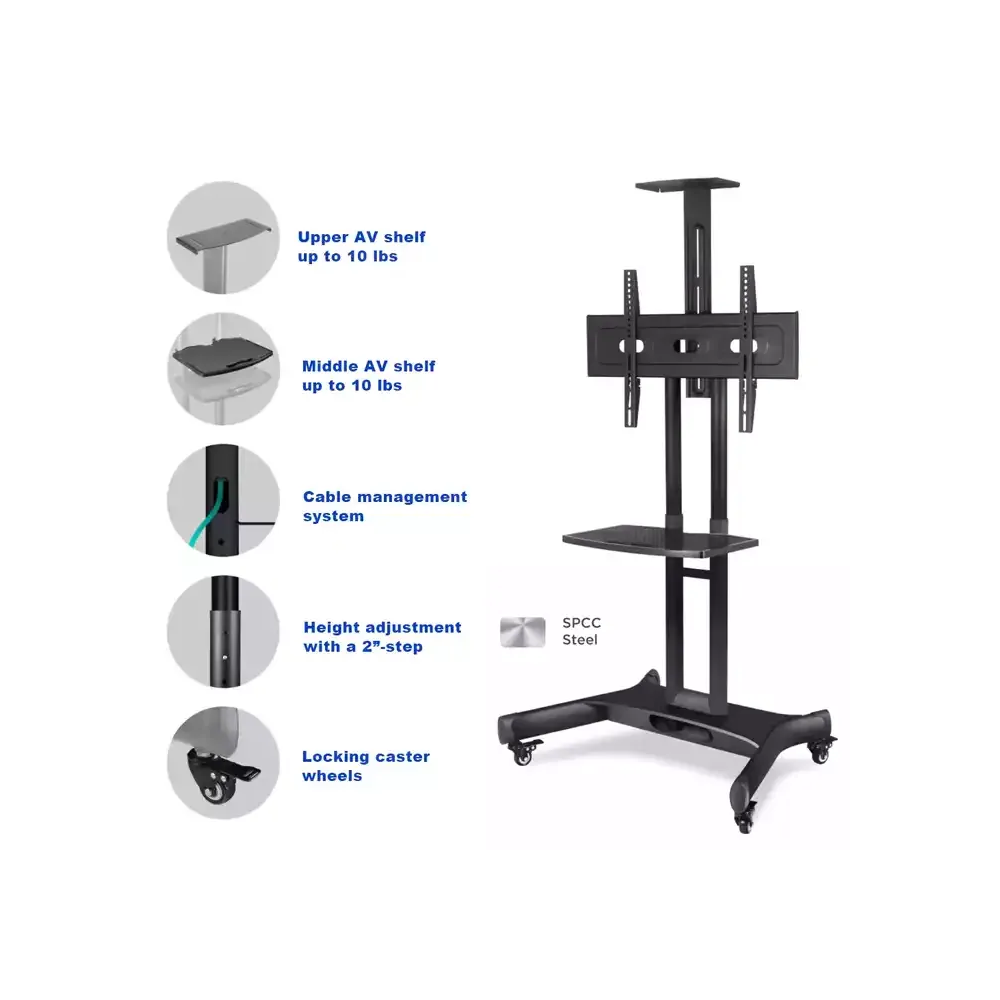 Gamvity Trolley With Wheels Adjustable Height Mobile Tv Mount Stand Height Adjustable Lcd Screen Floor Stand Carts With Dvd Shelf (32-70inch)