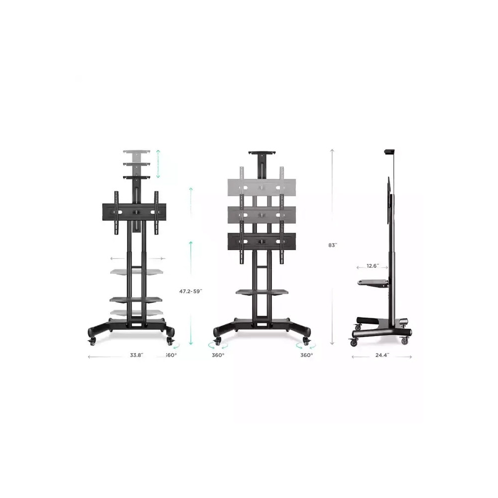 Gamvity Trolley With Wheels Adjustable Height Mobile Tv Mount Stand Height Adjustable Lcd Screen Floor Stand Carts With Dvd Shelf (32-70inch)