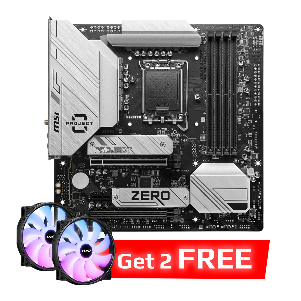 MSI B760M PROJECT ZERO DDR5 Motherboard - White + MSI MAG MAX F20A-1 200mm ARGB Case Fan - Black