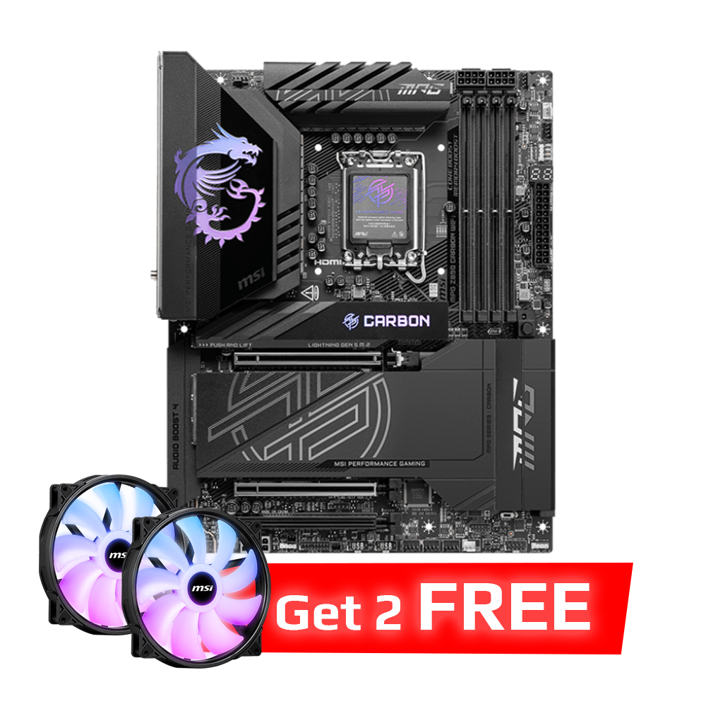MSI MPG Z890 Carbon Wi-Fi 7 DDR5 Motherboard - Black + MSI MAG MAX F20A-1 200mm ARGB Case Fan - Black