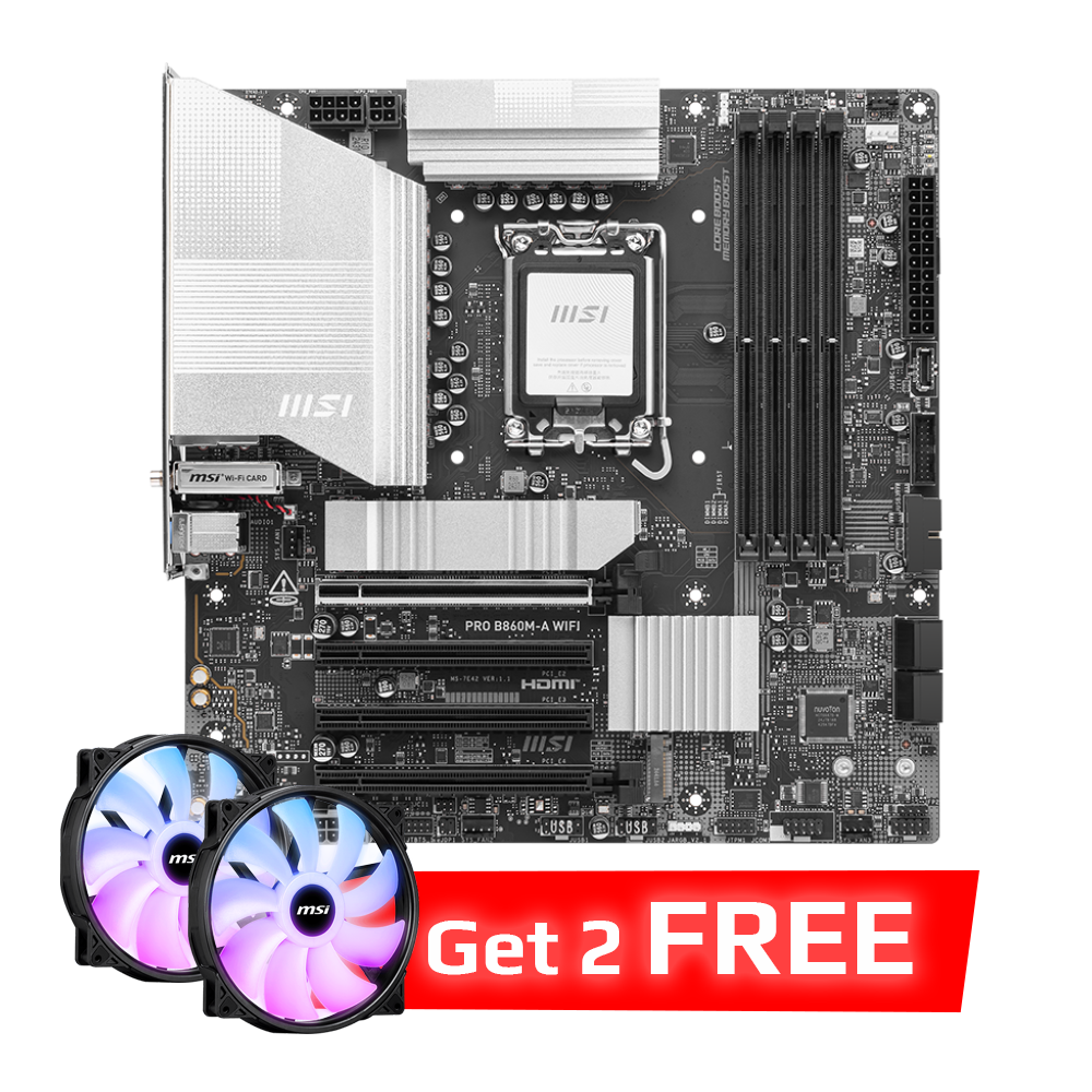 MSI PRO B860M-A WIFI DDR5 Motherboard - Black + MSI MAG MAX F20A-1 200mm ARGB Case Fan - Black