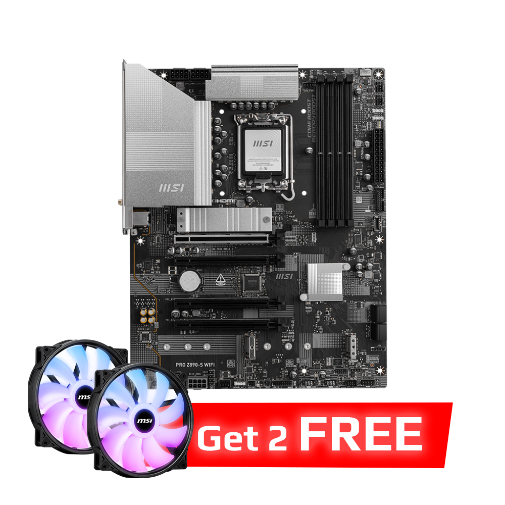 MSI PRO Z890-S WIFI DDR5 Motherboard - Black + MSI MAG MAX F20A-1 200mm ARGB Case Fan - Black
